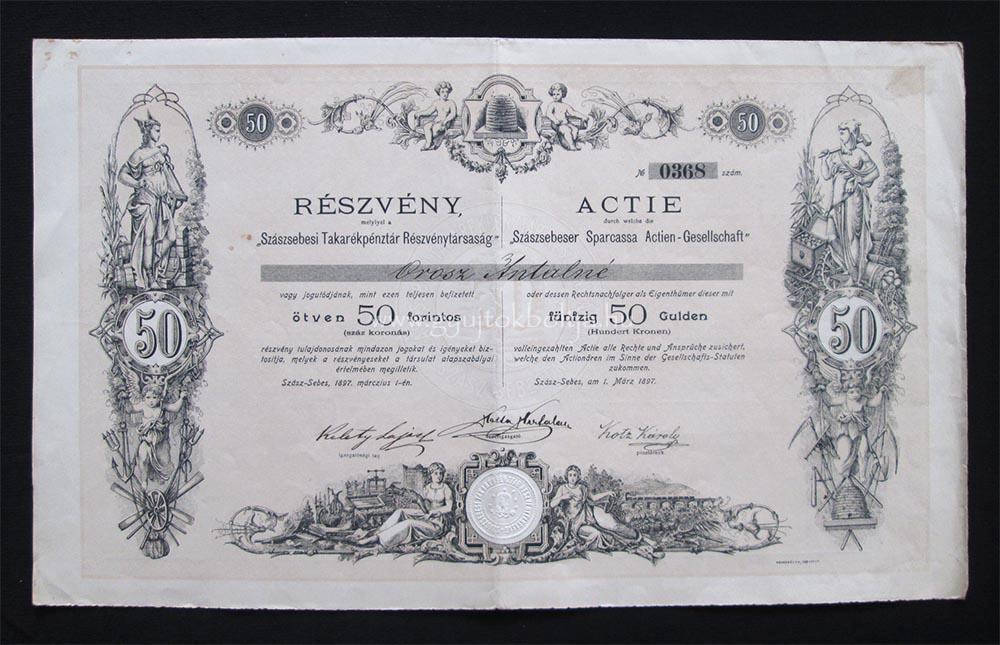 Szászsebesi Takarékpénztár részvény 50 forint 1897 (ROU)
